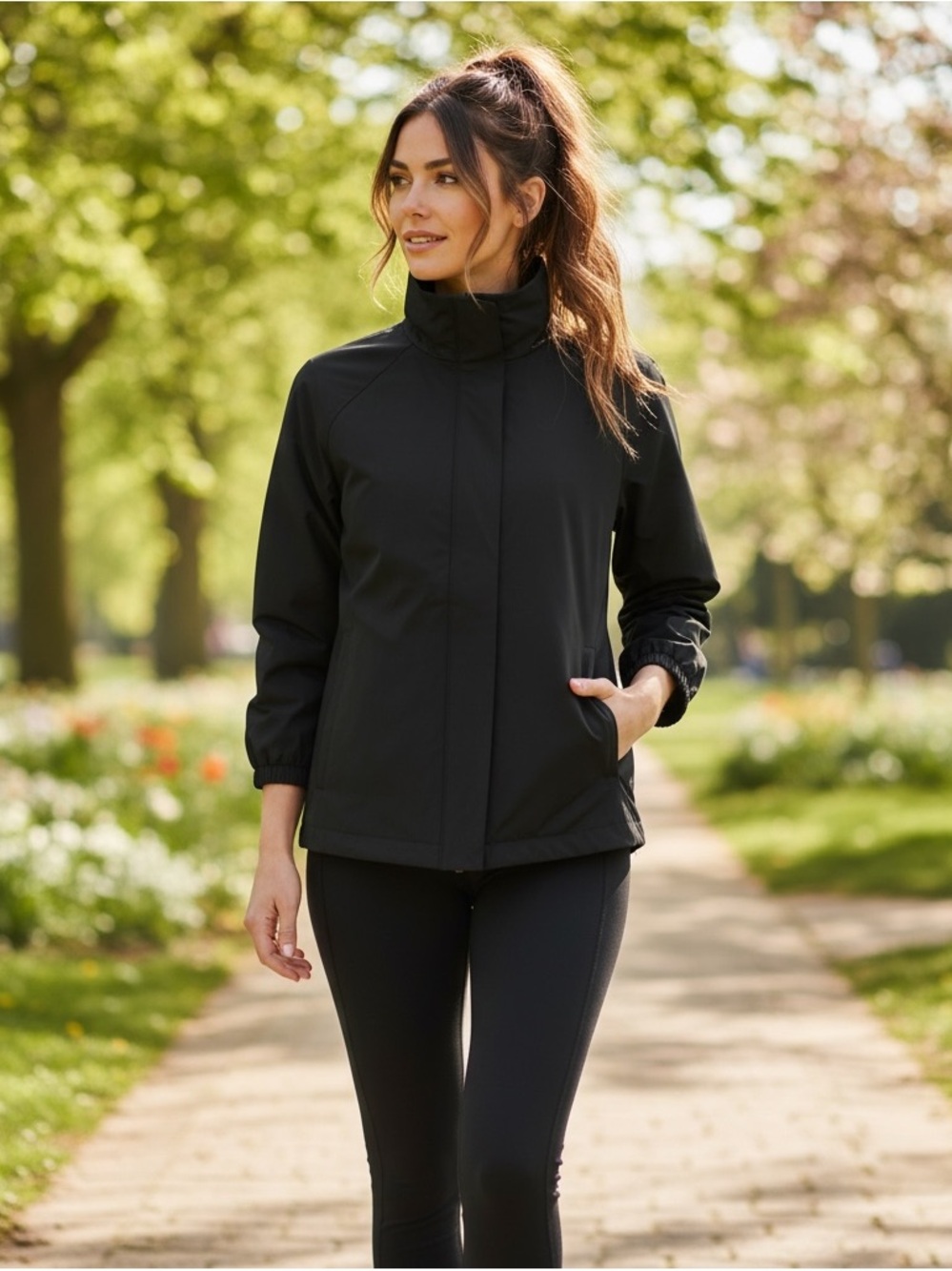 Lightweight Black Activewear Jacket with High Collar